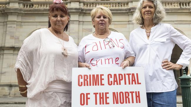 Perri Conti (centre), Julia West and Charmaine Leborgne protest about youth crime outside Parliament House earlier this year.