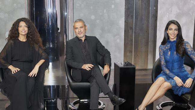 Project Runway Middle East host Jessica Kahawaty (right) with judges designer Elie Saab and Tunisian fashion icon Afef Jnifen. Picture: MBC