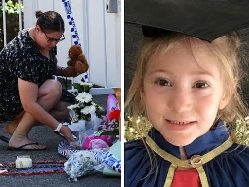 Composite image of mourners and the little girl killed in a Brisbane townhouse fire on Sunday. Picture: NewsWire/Supplied