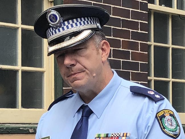 Superintendent Patrick Sharkey, commander of the Northern Beaches Police Area Command, briefing the media outside Manly police station on Wednesday. Picture: Jim O'Rourke