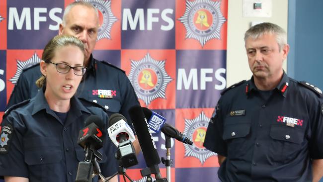 MFS officer Krystle Mitchell, Chief Officer Michael Morgan and Assistant Chief Fire Officer Roy Thompson. Picture: Dean Martin