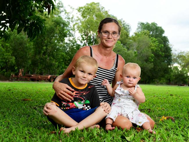 Boat crash victim and mother of two Rachel Maddox with her kids Elando, and Catherine at a property outside of Darwin. Picture: Justin Kennedy