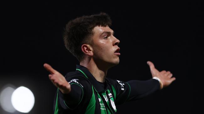 MELBOURNE, AUSTRALIA - MAY 09: Noah Botic of Western United celebrates a goal during the A-League Men Elimination Final match between Western United and Adelaide United at Ironbark Fields on May 09, 2025 in Melbourne, Australia. (Photo by Graham Denholm/Getty Images)