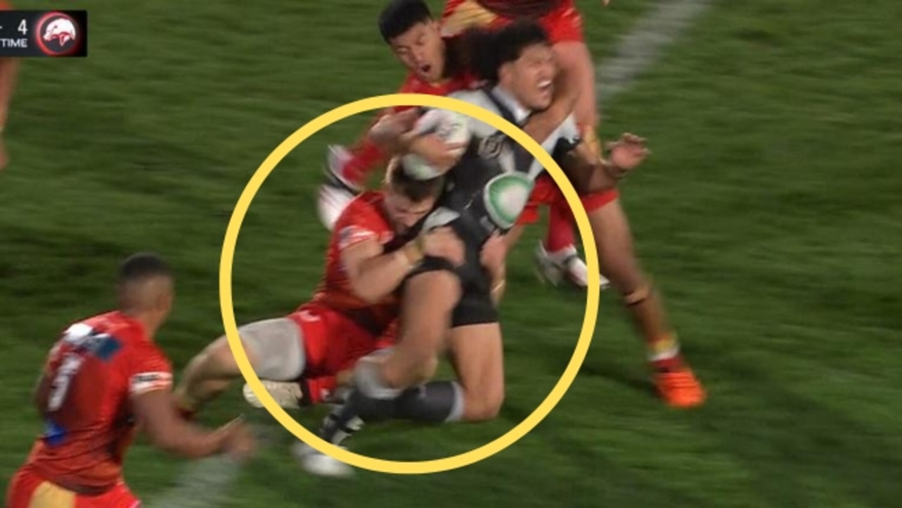 Euan Aitken avoided an penalty for a possible hip drop tackle on Dallin Watene-Zelezniak. Picture: Fox League.