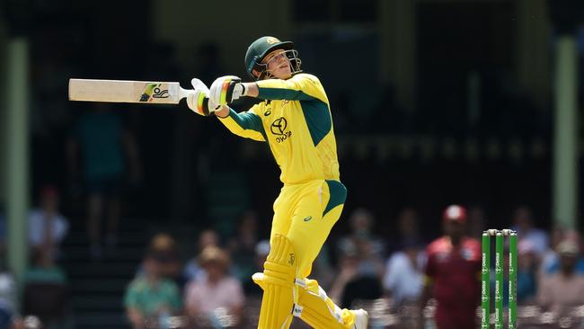 Jake Fraser-McGurk launches a mammoth six at the SCG on debut for Australia against the West Indies. Picture: Matt King/Getty Images.