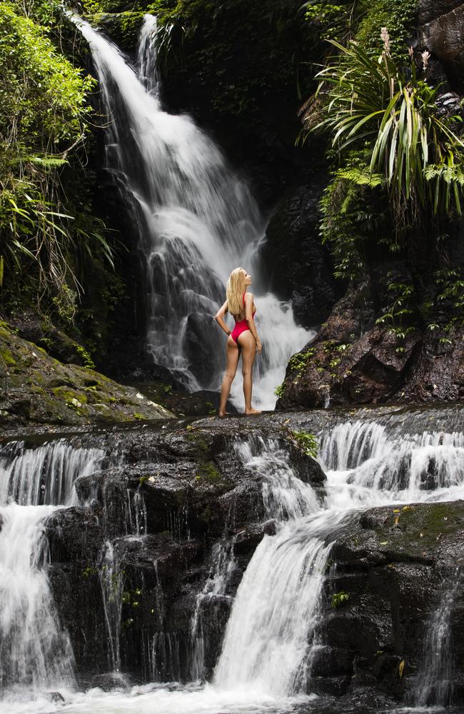 Brisbane teen Oriana-Aya Troth, 18 pictured at the spectacular Elabana Falls in southeast Queensland is in the running for Australian Supermodel of the Year. Picture: NIGEL HALLETT