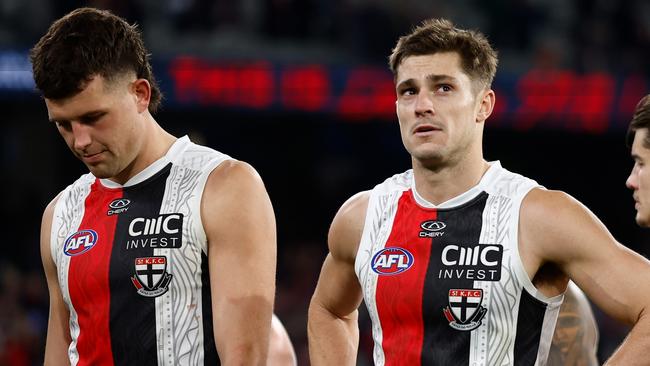 MELBOURNE, AUSTRALIA - MAY 26: Rowan Marshall (left) and Jack Steele of the Saints (centre) look dejected after a loss during the 2024 AFL Round 11 match between Narrm (Melbourne) and Euro-Yroke (St Kilda) at The Melbourne Cricket Ground on May 26, 2024 in Melbourne, Australia. (Photo by Michael Willson/AFL Photos via Getty Images)