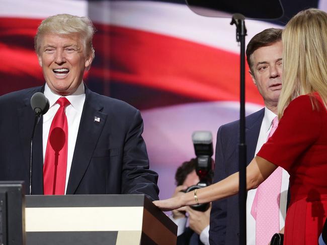 Paul Manafort working with Donald and Ivanka Trump during the presidential campaign in 2016. Picture: AFP/Getty Images/Chip Somodevilla