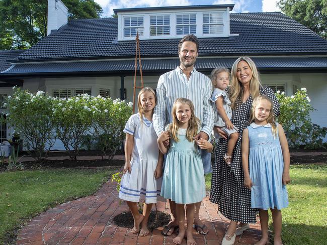 Gavin and Pip Wanganeen and their daughters Kitty,8, Lulu,7 ,Posey,6,Plum,2 at their Beaumont home they are selling .Tuesday,March,1,2022.Picture Mark Brake