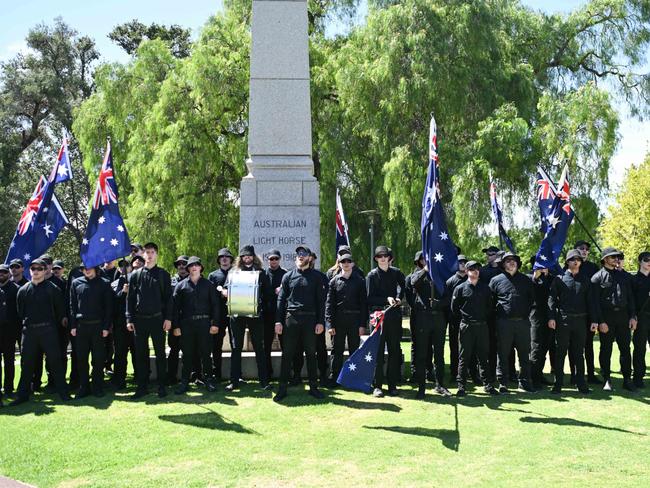 Members of the National Socialist Network during a counter protest on North Terrace and East Terrace on Australia Day. Picture: Getty Images