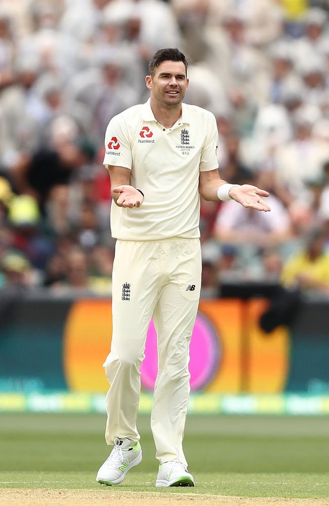 James Anderson reacts after the wicket of Tim Paine was overturned by DRS