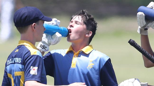 Day 1 of the Queensland Junior Representative Cricket Carnival at TSS. U/14s Gold Coast Dolphins(batting) V Sunshine Coast. Cooper Brown and Taylor Waugh take drinks.. Picture Glenn Hampson