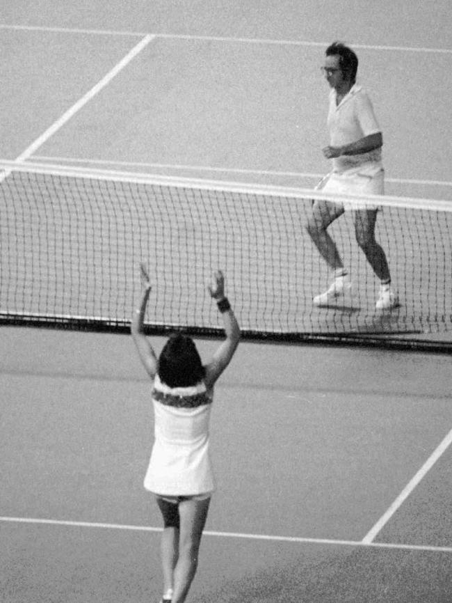 King raises her arms after defeating Riggs at the Houston Astrodome. Pic: AP.