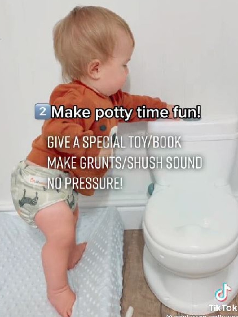 The US mum began getting her son to go on the potty from six months of age. Picture: TikTok/@montessori.mothering
