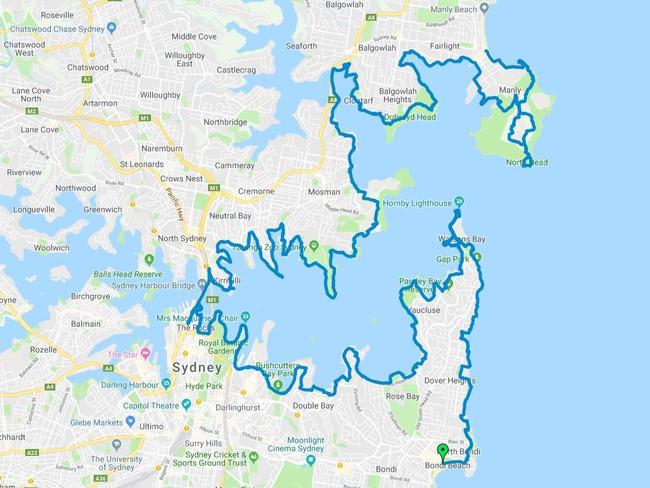 A map showing the route of the Bondi to Manly Ultra Marathon. Picture: Supplied