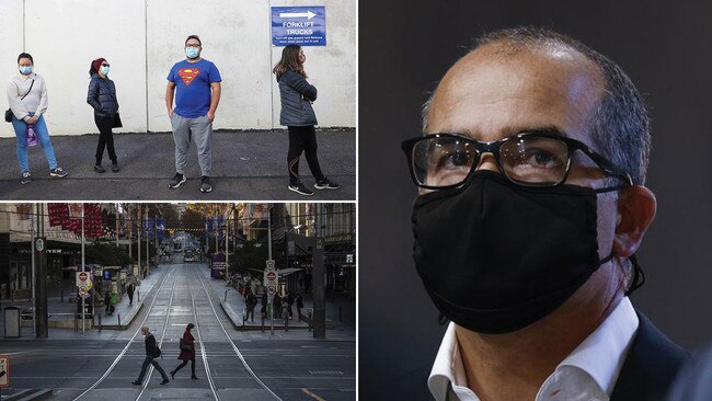 Acting Victorian premier James Merlino, right, aged care workers in Victoria queuing for their vaccine jabs, top left, and the empty streets of locked-down Melbourne. Pictures: NCA/NewsWire