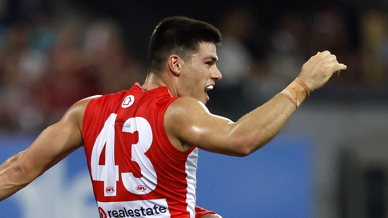 Sydney's Lewis Melican celebrates kicking a goal during the AFL Round 24 match between the Sydney Swans and Adelaide Crows at the SCG on August 24, 2024. Photo by Phil Hillyard (Image Supplied for Editorial Use only – **NO ON SALES** – Â©Phil Hillyard )