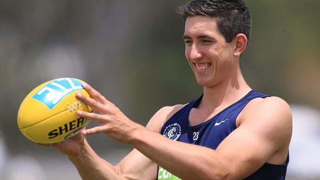 Jacob Weitering wants to play on the best forwards in his second season in the AFL. Picture: Wayne Ludbey