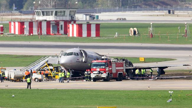 The remains of the Sukhoi Superjet-100 had at Sheremetyevo airport in Moscow after its fatal hard landing and fire. Picture: AFP