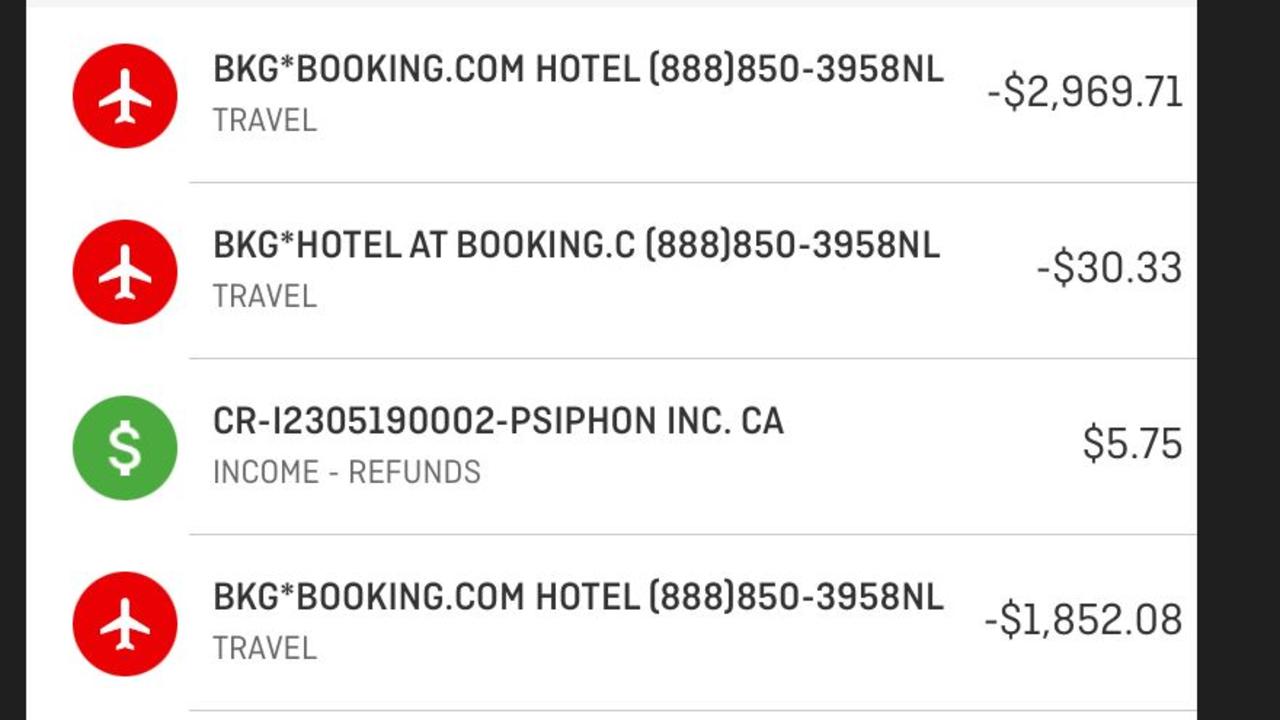 The three transactions (marked as travel) which totalled nearly $5000.