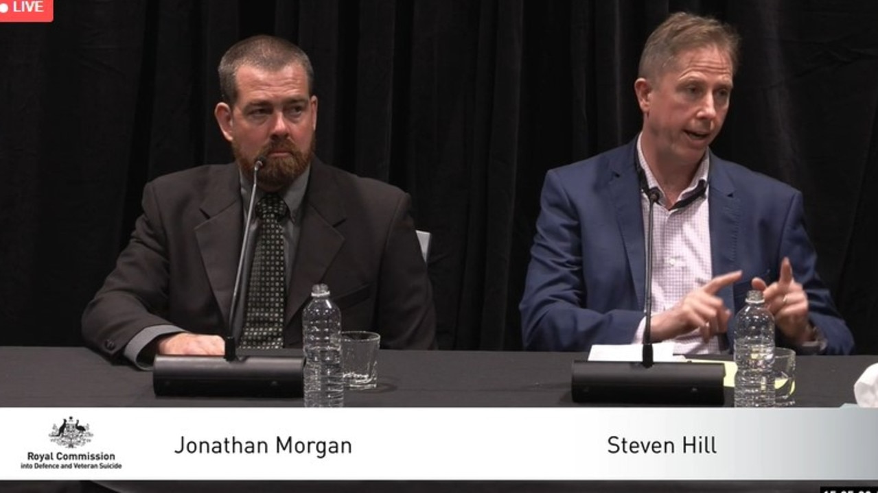 Veteran Jonathan Morgan and currently serving member Steven Hill testify on the issue of transition at the Royal Commission Into Defence and Veteran Suicide in Melbourne on August 28, 2023. Picture: Supplied