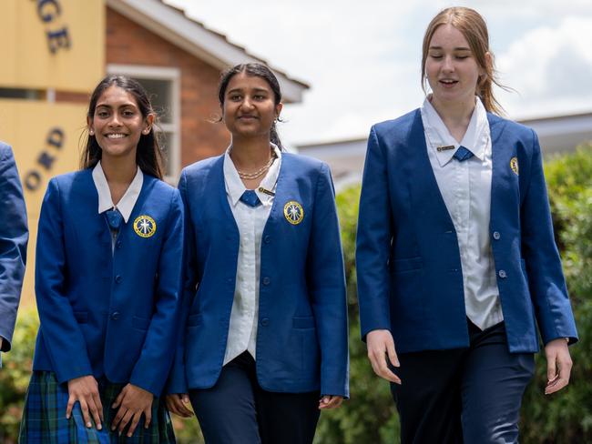 Pictured are Nagle College Blacktown Students Chloe Brown, Isabelle Grills, Theia Nadoda, Chena Shah and Kai McNamara, who described the HSC exam as “surprisingly easy”. Picture: Stuart Matters