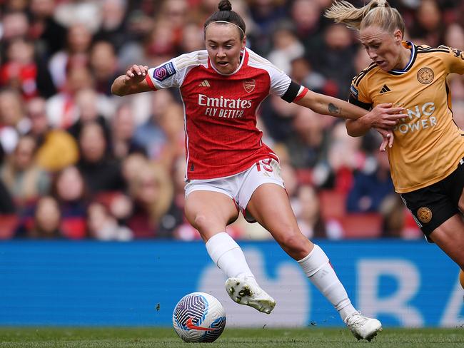 Foord of Arsenal battles for possession against Leicester City’s C.J. Bott in the Barclays Women's Super League. Picture: Alex Burstow/Arsenal FC via Getty Images