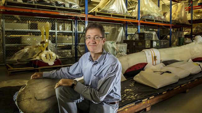 Dr Mark Harvey, head of the Terrestrial Zoology Department, with a blue whale skeleton.