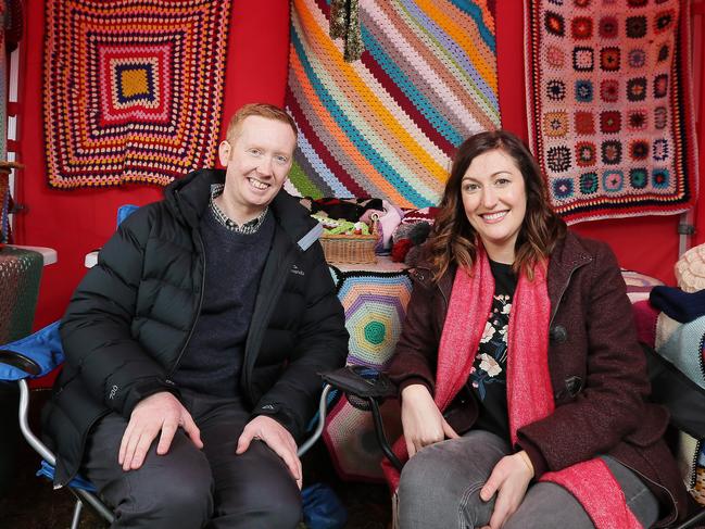 Luke McGregor and Celia Pacquola in a yarn stall on the set of <span id="U614023966259YzF" style="font-weight:normal;font-style:italic;">Rosehaven</span> during filming last year. Picture: RICHARD JUPE