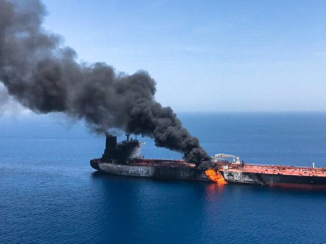 A fire broke out on a Norwegian-owned tanker said to have been attacked in the waters of the Gulf of Oman. Picture: ISNA/AFP