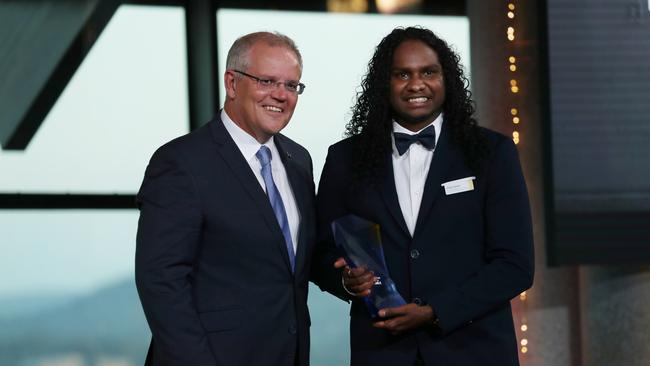 Rapper and dancer Danzal Baker, on stage with the Prime Minister Scott Morrison, has been named Young Australian of the Year for 2019. Picture: Gary Ramage