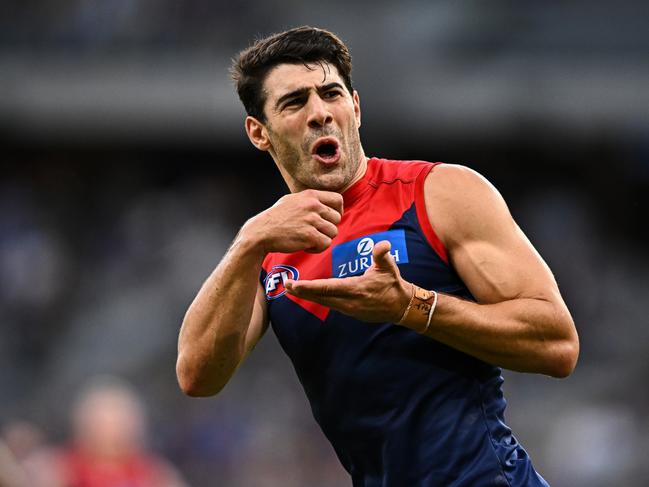 PERTH - APRIL 09: Christian Petracca of the Demons responds to the crowd after kicking a goal during the 2023 AFL Round 04 match between the West Coast Eagles and the Melbourne Demons at Optus Stadium on April 9, 2023 in Perth, Australia. (Photo by Daniel Carson/AFL Photos via Getty Images)