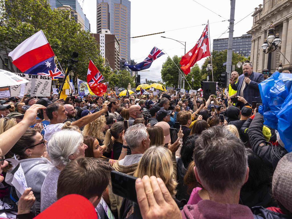 Protesters chanted, sang, and yelled across the Melbourne CBD, but the majority of participants appeared to remain peaceful. Picture: NCA NewsWire / Daniel Pockett