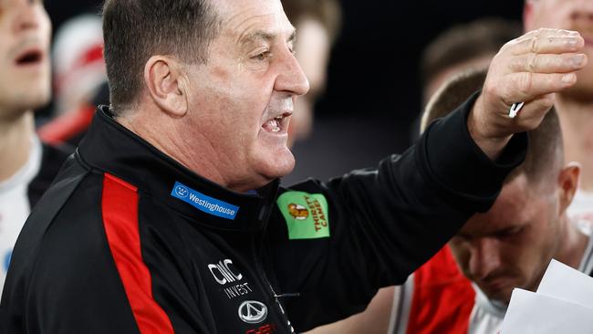 MELBOURNE, AUSTRALIA - JUNE 08: Ross Lyon, Senior Coach of the Saints addresses his players during the 2024 AFL Round 13 match between the St Kilda Saints and the Gold Coast SUNS at Marvel Stadium on June 08, 2024 in Melbourne, Australia. (Photo by Michael Willson/AFL Photos via Getty Images)