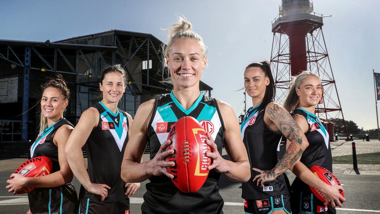 Inaugural Port AFLW captain, Erin Phillips, along with her leadership group, Justine Mules, Vice Captain Ange Foley, Gemma Houghton and Hannah Dunn. Picture: Sarah Reed / Getty Images