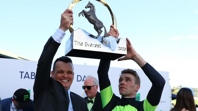 Joe Pride and Sam Clipperton with The Everest trophy. Picture: Jeremy Ng/Getty Images