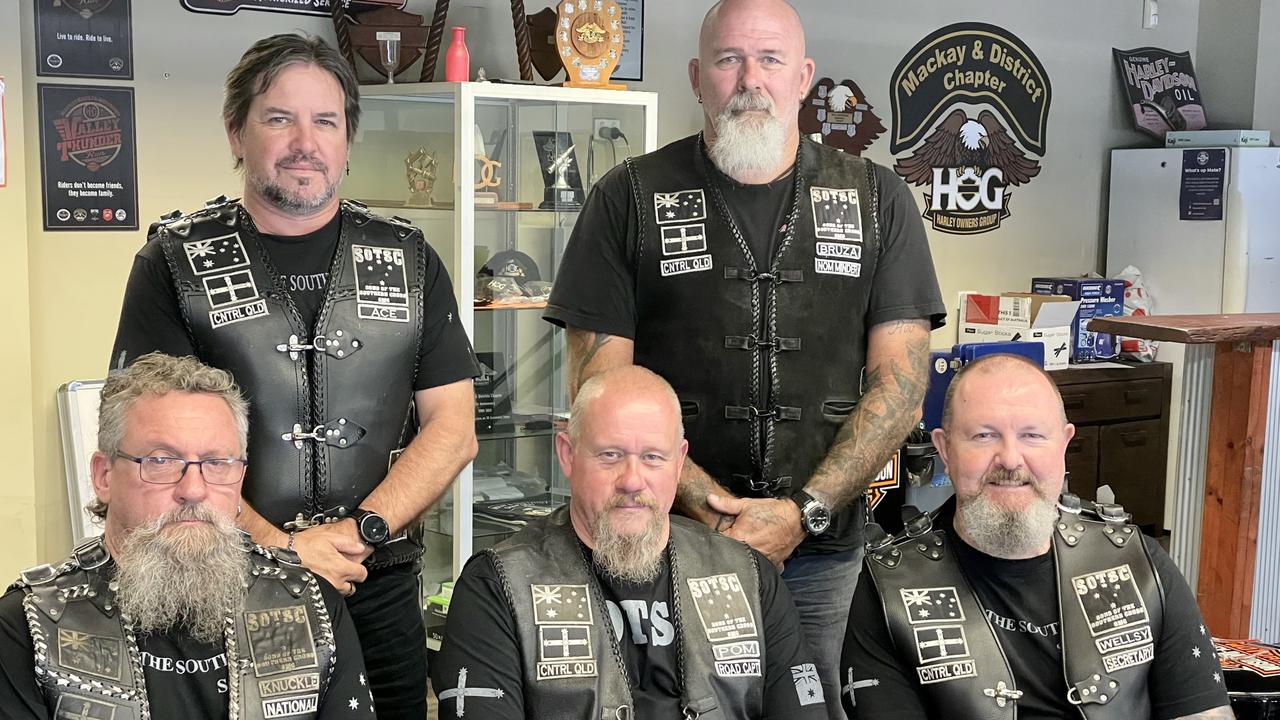 Sons of the Southern Cross Central Queensland chapter members James 'Knuckles' McGovern, Jason 'Ace' Thompson, James 'Pom' Powell, Bruce 'Bruza' Bines and Geoff 'Wellsy' Wells speaking in 2022 ahead of a memorial ride for Wes 'Pop' Carlton. Picture: Janessa Ekert/Daily Mercury