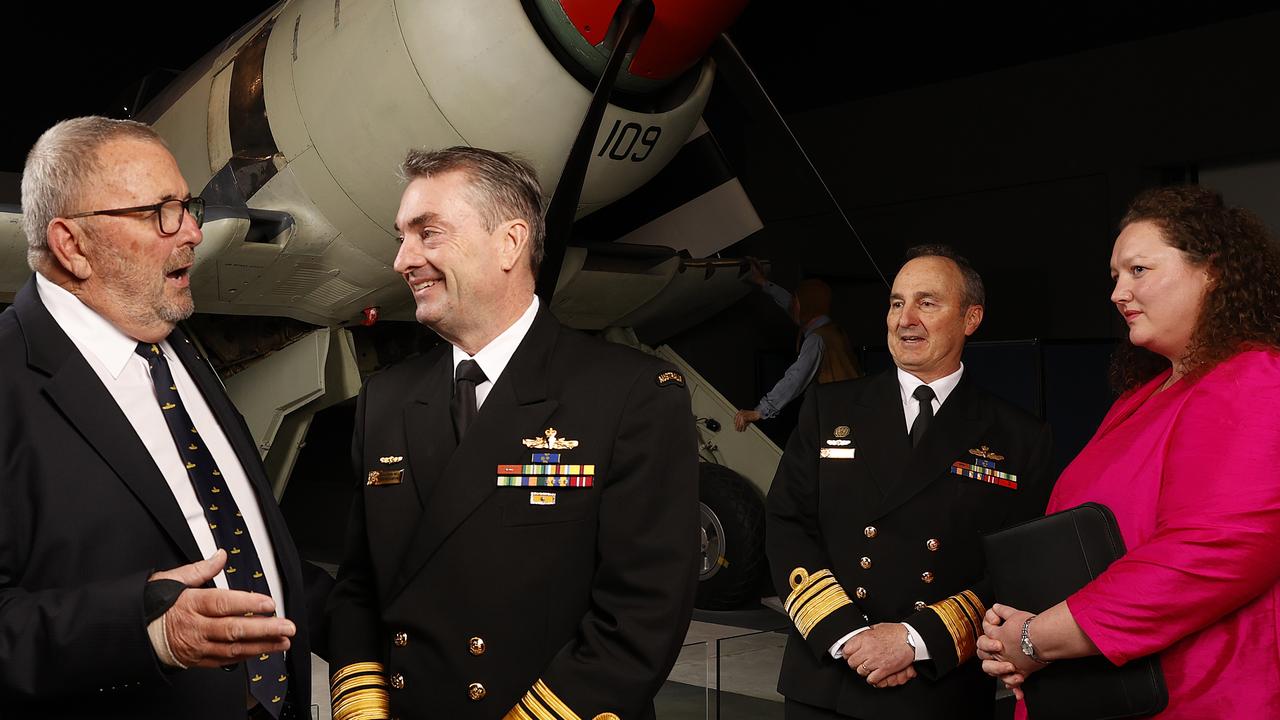 Retired Vice Admiral Russell Harry Crane, a former Chief of Navy, with AUKUS submarines chief Vice Admiral Jonathan Mead, Vice Chief of the Defence Force Vice Admiral David Johnston and Gemma Jones, the editor of The Advertiser. Picture: Dylan Coker