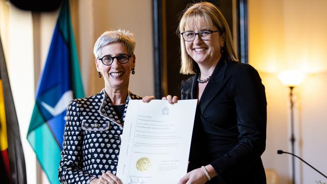 Governor Linda Dessau and Victorian Deputy Premier Jacinta Allan on Monday. Picture: AAP