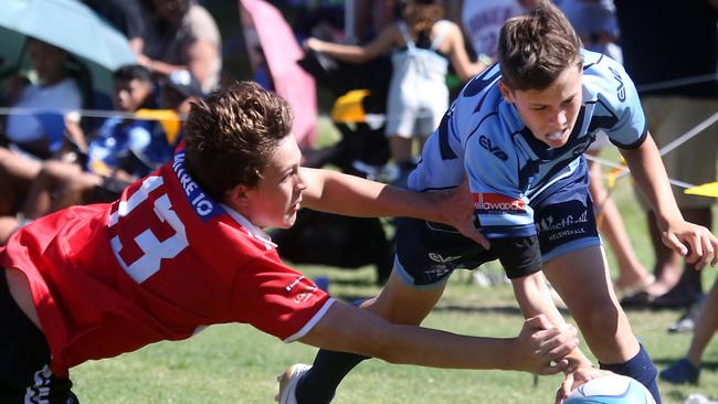 Day two of the King of the Country Rugby Union competition.Pay off between Helensvale Hogs (blue) and Nambour Toads.Photo of Coby Hill scoring.8 April 2023 Southport Picture by Richard Gosling