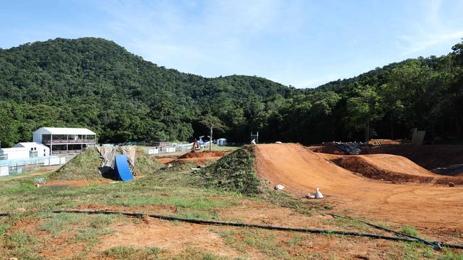 Huge jumps and ramps have been constructed around a spectator friendly setting ahead of next week's Crankworx competition at Smithfield Mountain Bike Park. Picture: Brendan Radke