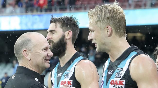 Ken Hinkley with Billy Frampton after the win. Picture: Sarah Reed