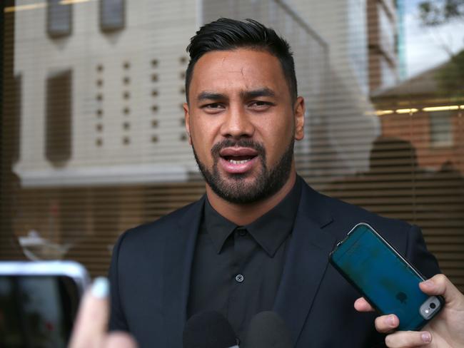 Parramatta Eels player Kenneth Edwards speaks to the media after pleading guilty to common assault on his former partner. Picture: AAP