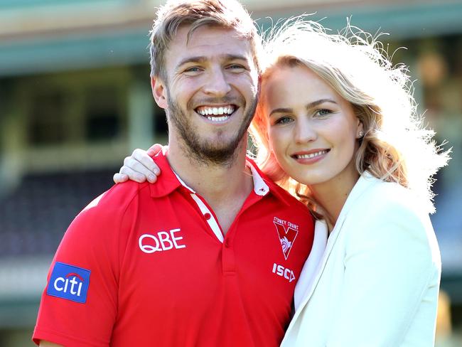 Sydney Swans player Kieren Jack with his wife Charlotte Goodlet who today announced his retirement from the AFL at the end of the year. Picture. Phil Hillyard
