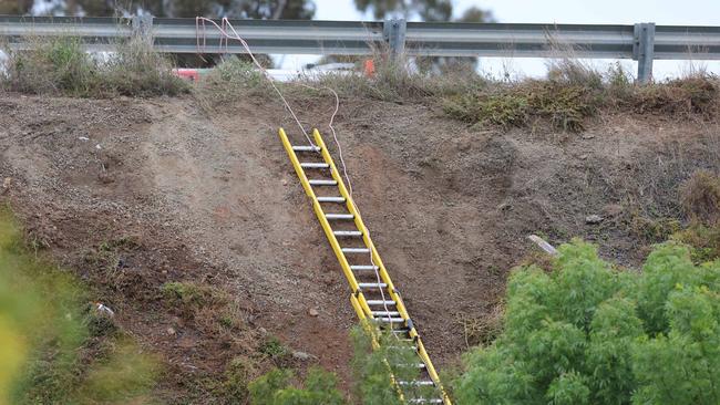 Emergency crews use a ladder to access the bus after it crashed through a barrier and rolled down a steep embankment. Picture: Brendan Beckett