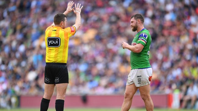 BRISBANE, AUSTRALIA - MAY 15: Elliott Whitehead of the Raiders is sin binned during the round 10 NRL match between the Cronulla Sharks and the Canberra Raiders at Suncorp Stadium, on May 15, 2022, in Brisbane, Australia. (Photo by Albert Perez/Getty Images)