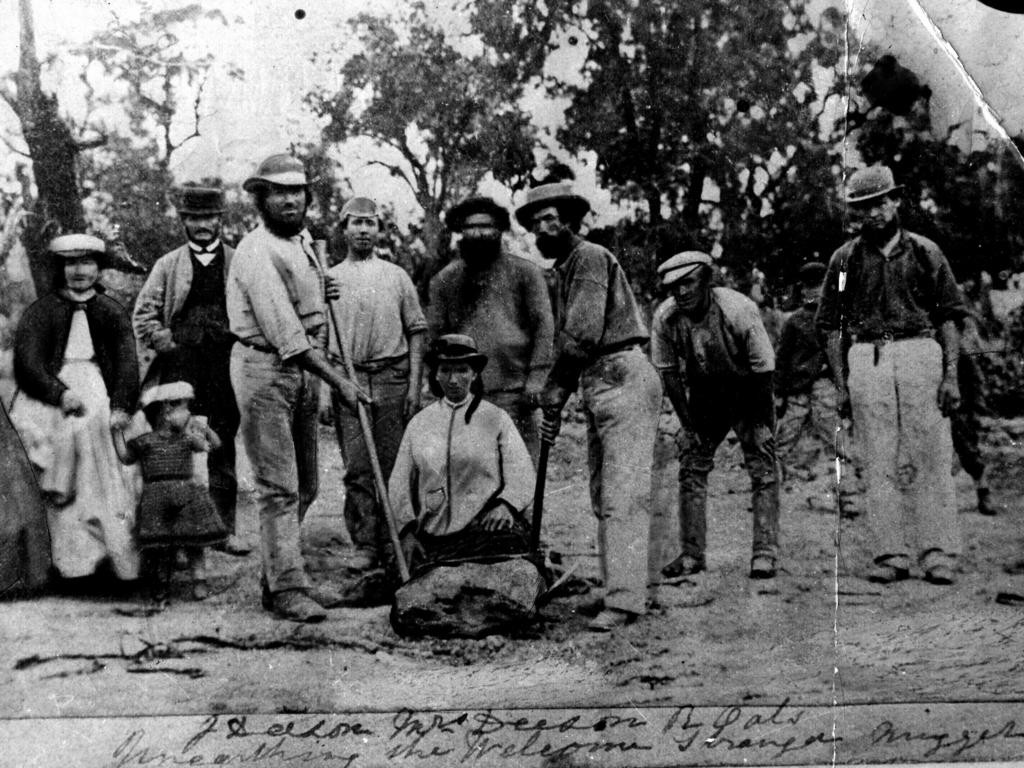 John Deason and Richard Oates showing how they unearthed the 'Welcome Stranger' gold nugget at Little Bulldog Gully in Moliagul, Victoria 05/02/1869. Picture: Supplied