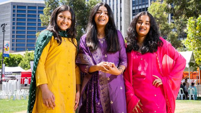 Durva Jani, 14, from Clearview, Sanjna Kavi, 13, Sheryl Shah, 14, from Greenacres at the Indian Mela festival. Picture: Morgan Sette