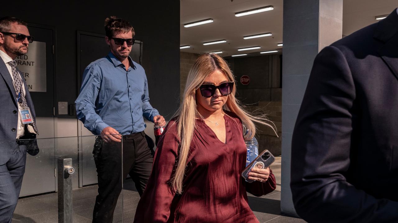 Cleo Smith’s mum Ellie Smith and stepfather Jake Gliddon (blue shirt) outside the Perth District Court. Picture: NCA NewsWire/ Tony McDonough