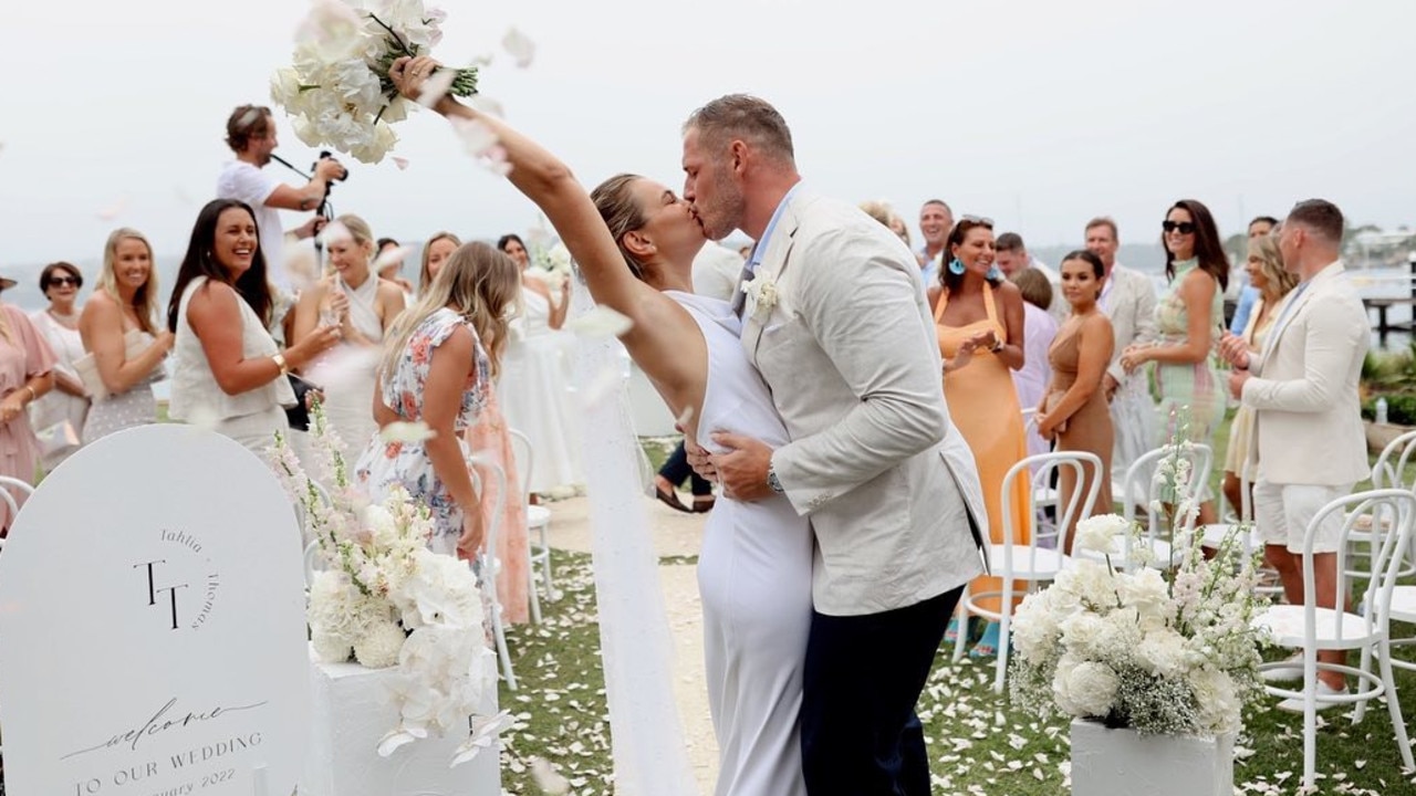 Tahlia shared this snap of the pair’s first kiss as husband and wife. Picture: Matrix Media Group